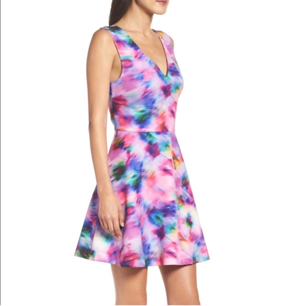 V-Neck Pink Multicolor Floral A-Line Mini Dress